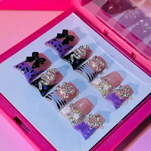 FY011-28-10 Pcs Handmade Duck Nails Midnight Purple Glam Nails | 3D Snake Glitter & Leopard Carving | Rave Queen Set