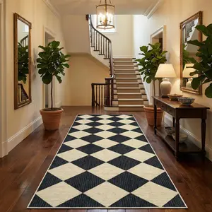 Checkered Rug Runners for Hallways, 2x6 Soft Diamond Print Kitchen Runner with Non Slip Backing Entryway Rug Thin Laundry Mat Stain Resistant Carpet for Bedroom Bathroom Beside Mat,Black