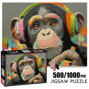 1pc 1000 piece adult puzzle 70x50cm Monkey Wearing Colorful Headphones Holding Spray - Can500 pieces of paper jigsaw puzzle, suitable for adults and families, large-scale DIY puzzle interactive toy
