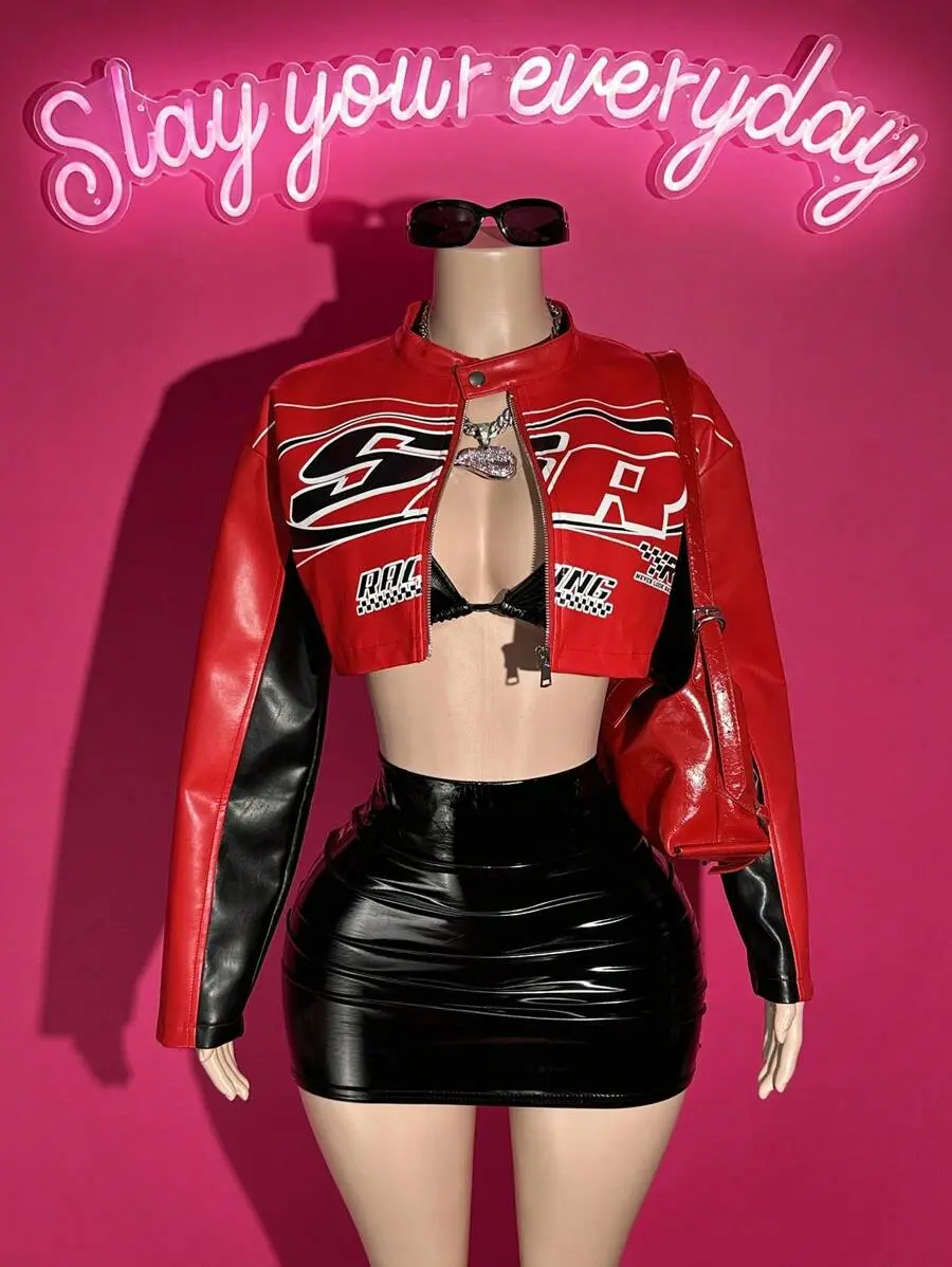SHAWIX Autumn Winter Casual Streetwear Street Motorcycle Style Round Neck Long-Sleeved Ultra-Cut PU Women's Racing Crop Jacket Night Out Red And Black