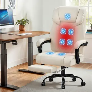 HOFFREE 7 Points Vibration Massage Office Chair with Heat Ergonomic Executive Office Chair with Footrest Reclining Home Office Desk Chairs Beige