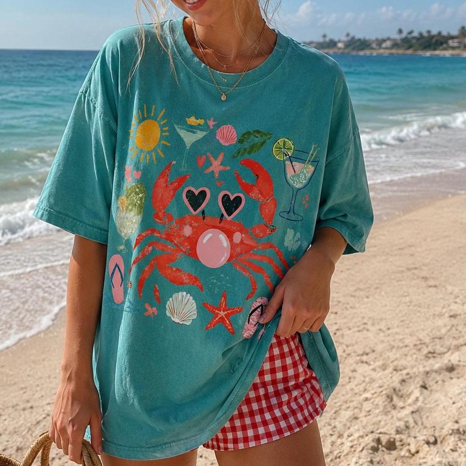 Comfort Colors Crab Blowing Bubble T-Shirt, Coastal Nautical Summer Shirt, Cute Beach Crab Graphic Tee, Trending Ocean Lover Gift for Her, Soft Cotton Casual Vacation Shirt, SoftHype Apparel -DPCLICK