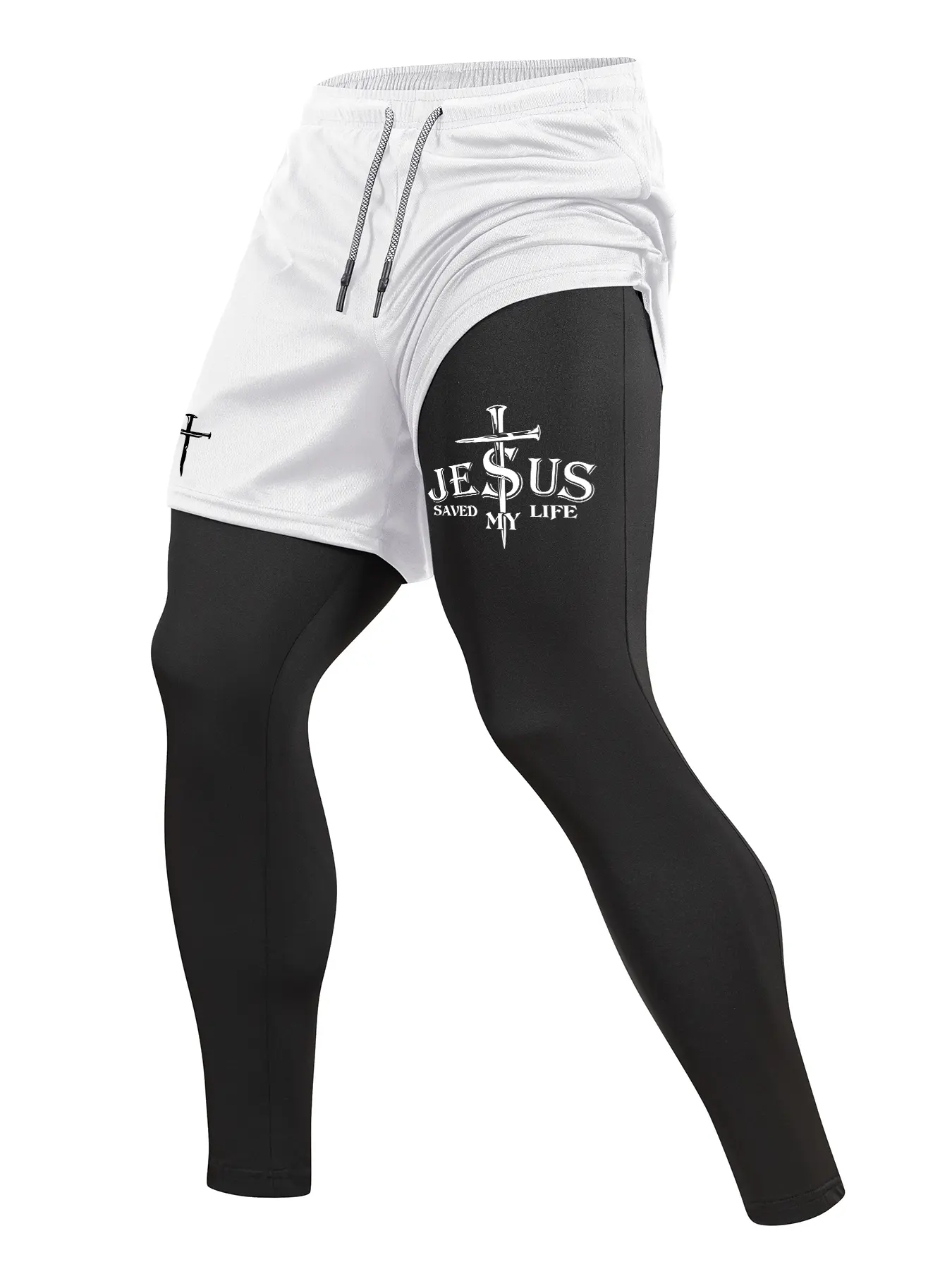 Men's Cross Letter Printed Sporty 2 in 1 Compression Pants, Activewear For Fitness, Quick Dry Athletic Sports Baselayer, Spring & Fall Gym Workout Running Tights Leggings with Phone Pocket, Zipper Pocket, Athletic Sportswear