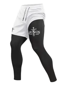 Men's Cross Letter Printed Sporty 2 in 1 Compression Pants, Quick Dry Athletic Sports Baselayer, Spring & Fall Gym Workout Fitness Running Tights Leggings with Phone Pocket, Zipper Pocket, Towel Loop, Tight Fitting Pants