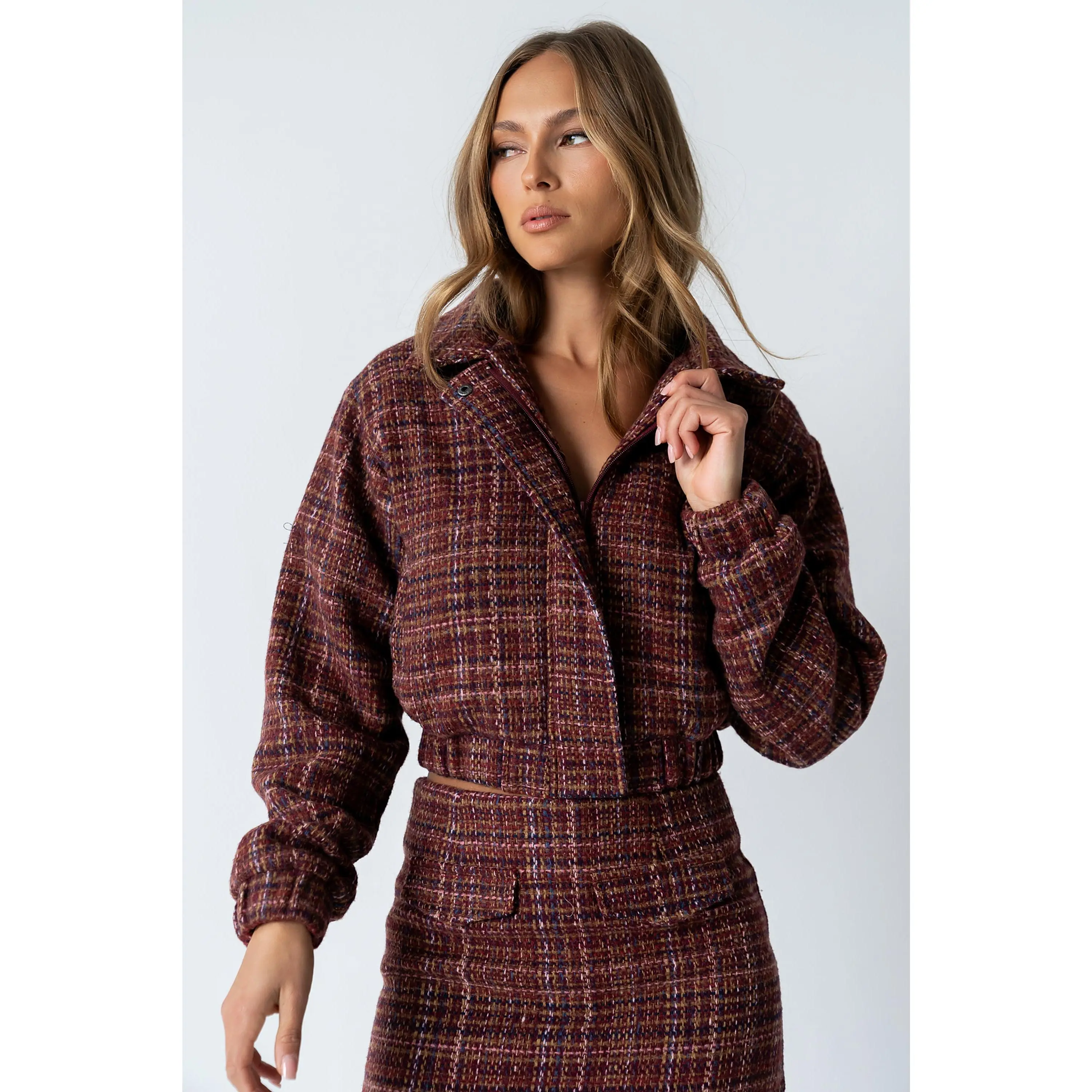 Cropped Red Tweed Jacket for Women - Finley Mock Neck Wool Blend Zip-Up with Elastic Cuff Sleeves, 50% Wool, 50% Polyester, Cold Wash, Cropped Fit, Long Sleeve, Matching Piece Sold Separately, Non Stretch, Tumble Dry, S, Mini Crop