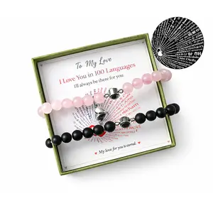 Magnetic Heart Couple Bracelets, Hidden Message Jewelry with “I Love You” in 100 Languages, Cute Matching Love Gift for Boyfriend and Girlfriend, Yes, Anniversary