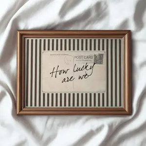 [UNFRAMED POSTER] How Lucky Are We Wall Art – Vintage Postcard Quote Print, Coquette Brown Striped Aesthetic Poster, Old Money Sentimental