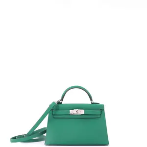 Pre-owned HERMÈS Leather Top Handle Bags Hermes Kelly Mini II Bag Vert Vertigo Epsom with Palladium Hardware 20 by Rebag