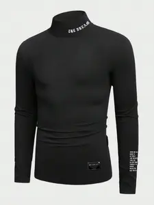 Men's Turtleneck Letter Print Sweatshirt for All Seasons, Autumn and Winter Fabric, Casual Long-sleeved Pullover Bottoming Shirt, Comfortable Daily Wear with Jackets and Suits, Casual Comfy Pullover