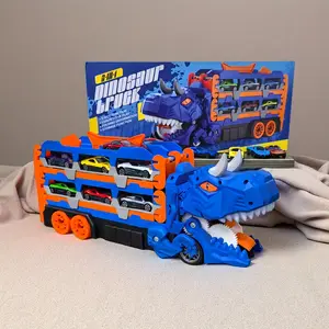 Dinosaur Transport Toy Truck, Three-In-One Foldable Track, Portable Storage Cars, Includes 6 Alloy Cars, Parent-Child Game Interaction