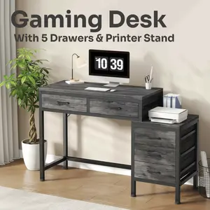 Computer Desk with 5 Storage Drawers and Printer Stand, Modern Home Office Desk, Study Writing Table with Storage Cabinet for Small Spaces, Sturdy Workstation