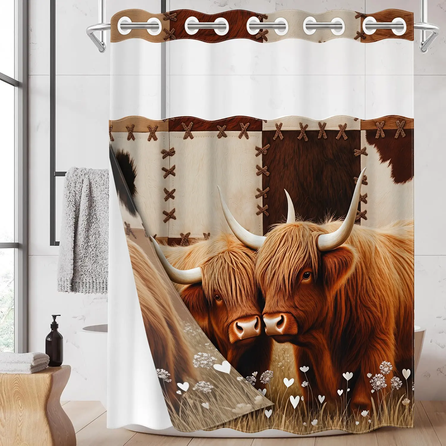 1pc hookless shower curtain with buckle lining, Decorative shower curtain, spring brown cow heart grass design print, fabric waterproof lining with see-through window double layer, 71 x 74 inches, modern home curtain decoration