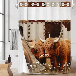 1pc hookless shower curtain with buckle lining, Bathroom Curtain, spring brown cow heart grass design print, fabric waterproof lining with see-through window double layer shower curtain, 71 x 74 inches, modern home curtain decoration