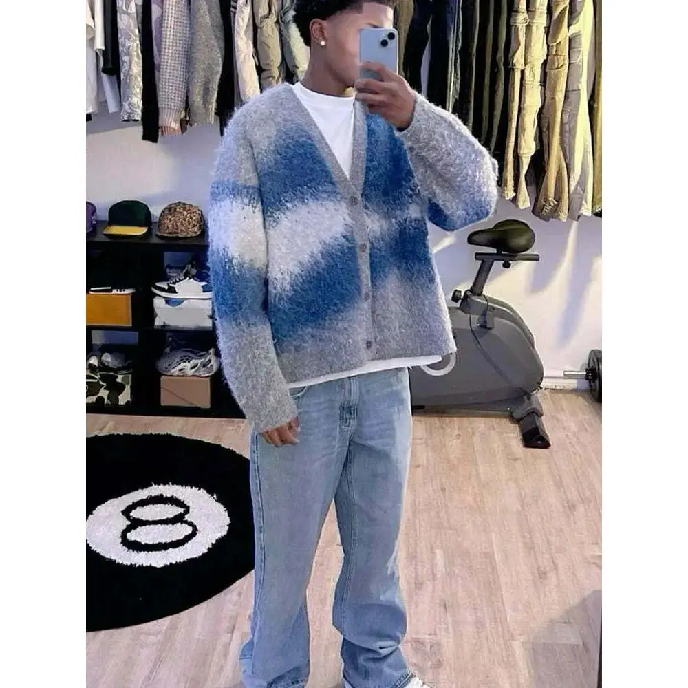 Fashion Tie Dye Cashmere Sweater Cardigan Man Long Sleeve Single Breasted Knitted Jacket 2024 Autumn Thicken Warm Woolen Coat