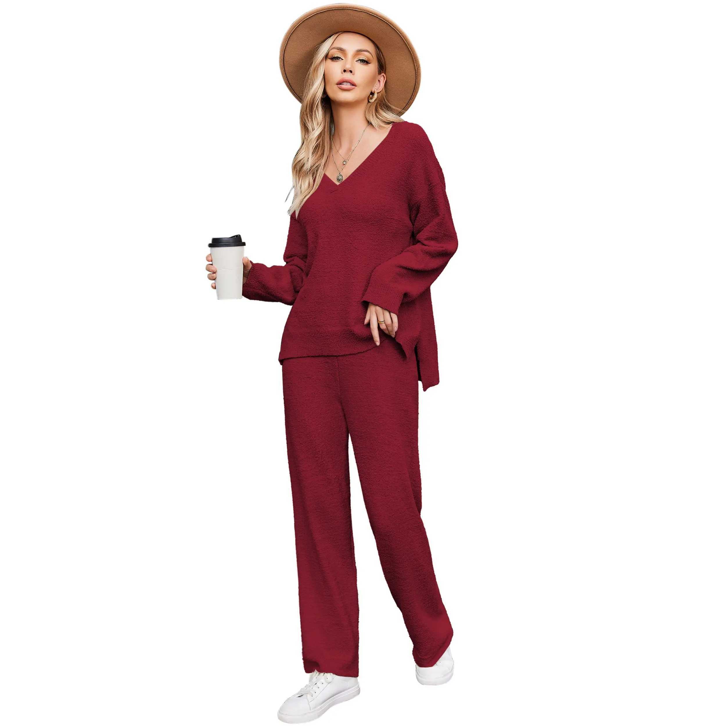 Ekouaer Pajamas for Women 2 Piece Lounge Set Fuzzy Fleece Long Sleeve Pullover Sweater Top Wide Leg Pants Set Outfits S-XXL