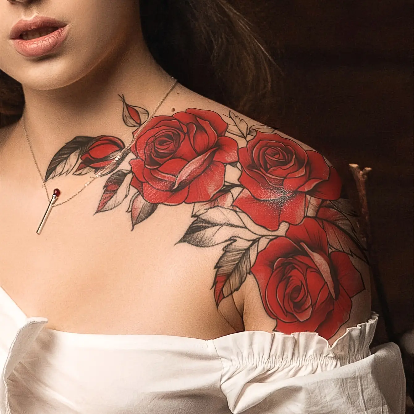 1pc Red Temporary Rose Flower Arm and Leg Tattoo Stickers, Stripper Chest and Thigh Design, Waterproof, Perfect For Women, Waterproof Realistic Tattoos, Aesthetic Tattoo Merch, Temporary Fake Tattoo