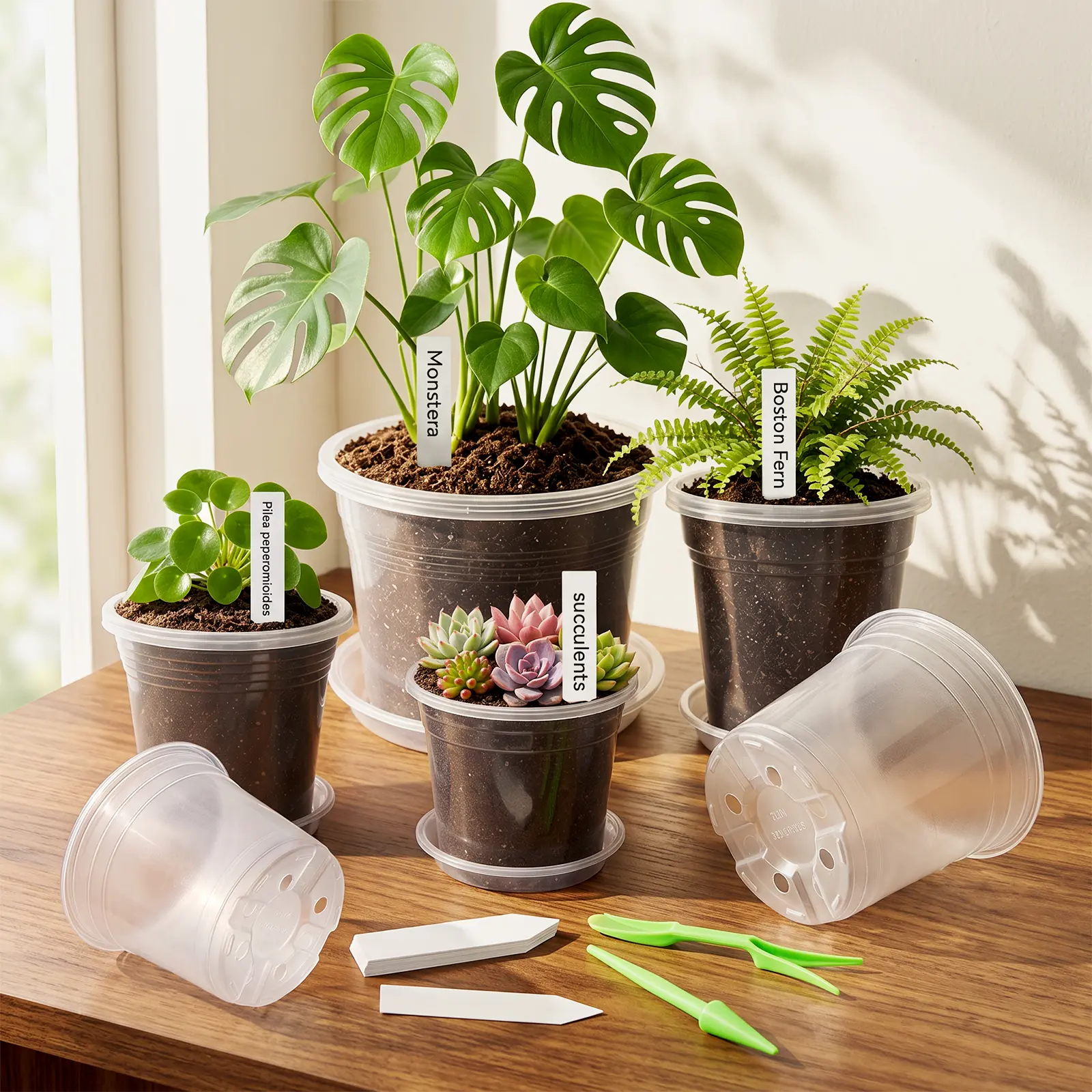 16-Pack Clear Nursery Pots with Saucers and Plant Labels, 4 Sizes 5/6/7/10 in Plastic Plant Pots with Drainage Holes for Indoor Plants