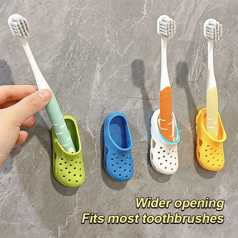 Cute Cartoon Holey Shoe Toothbrush Organizer - No-Drill Wall-Mounted Bathroom Accessory Shelf, DIY Specialty Supply, Commodity Shelf