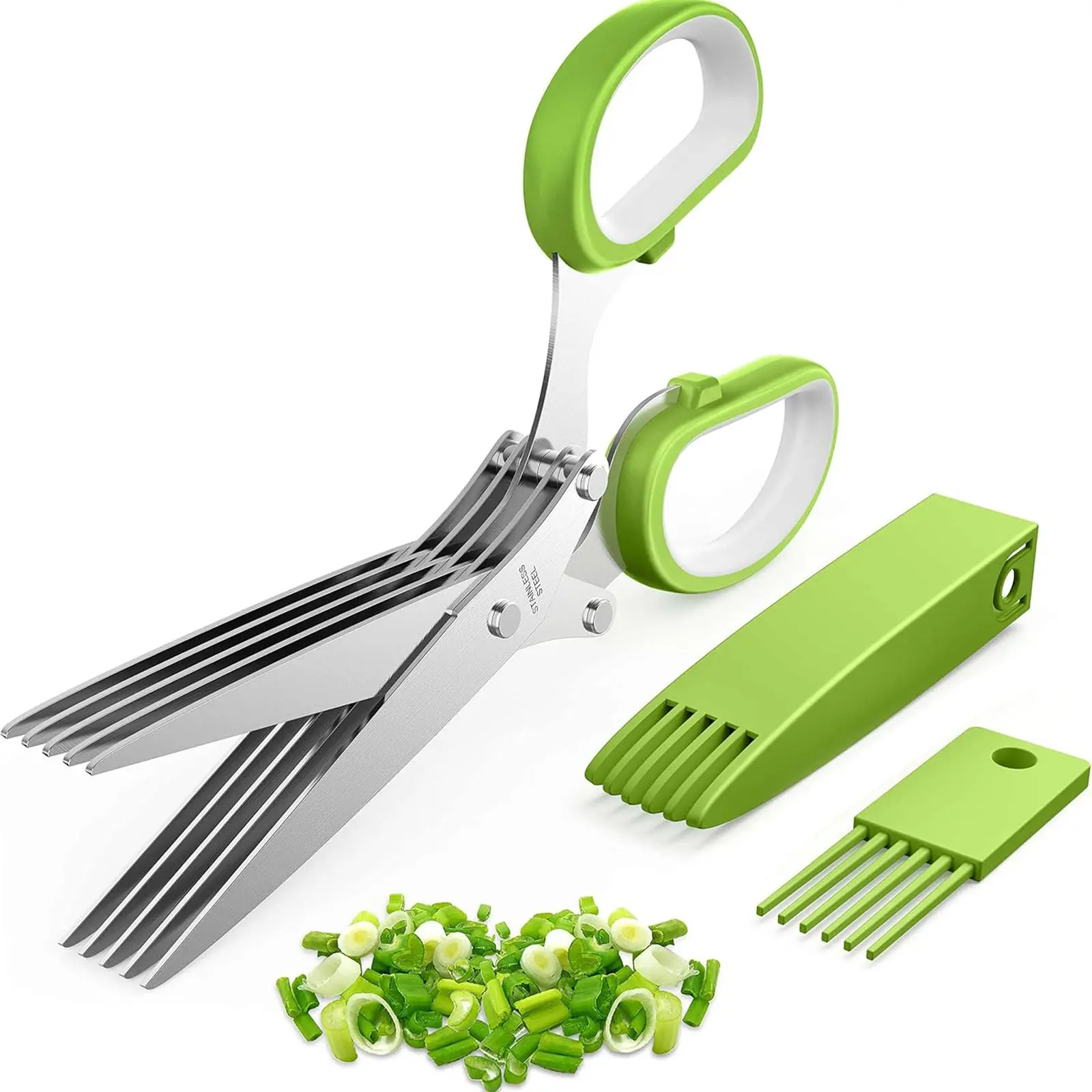 Multipurpose Kitchen Herb Scissors Set - 5 Sharp Stainless Steel Blades Lightweight Kitchenware Utensils with Safety Sheath, Cleaning Comb, Ergonomic Handle for Salad, Cooking, Home Birthday Gift (Craft Paper Packaging Included)