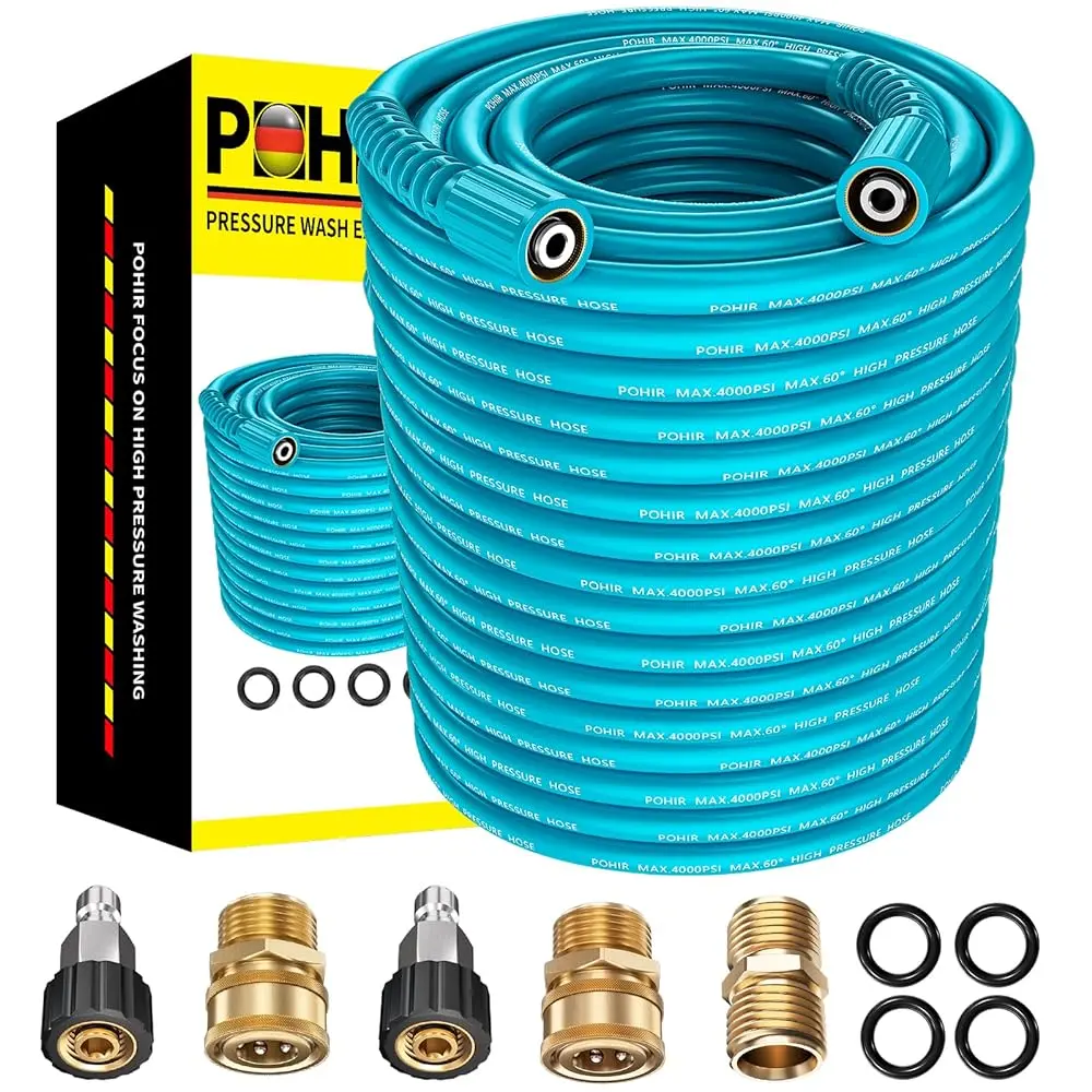 POHIR Heavy Duty High Pressure Washer Hose - 50 FT x 1/4" Anti-Twisting, 4000PSI Compatible, M22 14mm Fittings & Quick Connect Kits, 25ft/50ft/100ft with Female 14mm Thread, Durable Lightweight, Non-Kink Wear-Resistant, for Floors, Car Cleaning