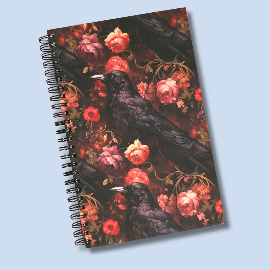 Floral Crow Lined Notebook, Soft Cover, 5.5"x8.5", 80 Sheets, Metal O-Ring Bound Office Stationery