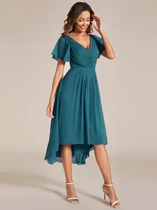 Ever-Pretty 2026 Spring Elegant Chiffon Midi Dress with Deep V-Neck, Flutter Sleeves and Asymmetrical Hem for Wedding Guest Dress 01923