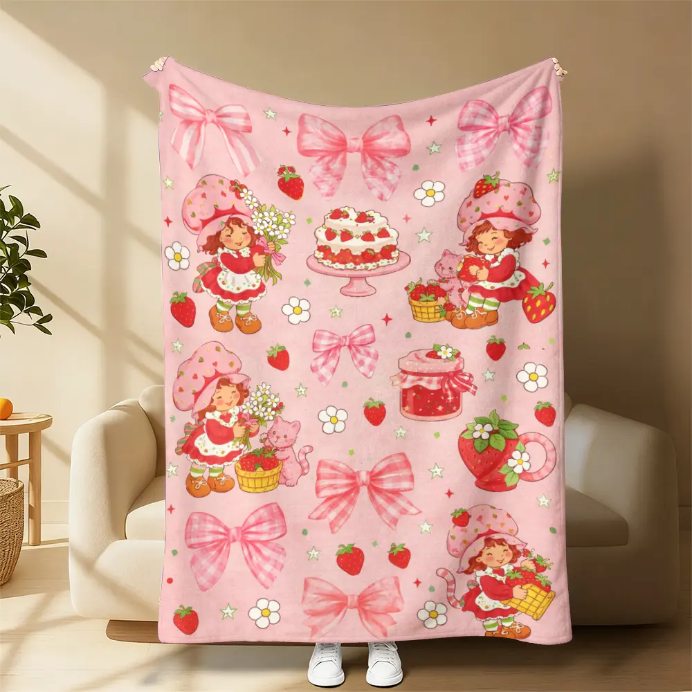 Kawaii Strawberry Shortcake Print Flannel Throw Blanket - Soft Plush Multi-Size Lap Blanket (30inch*40inch) with Pink Bow, Floral Patterns, Vintage Cartoon Sofa Decor, Travel Throw Ready, Cute Gift for Fans, Ideal for Movie Nights, Friends, Other Special
