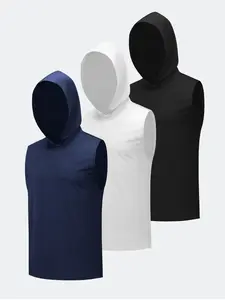 3 Pack Mens Dry-Fit Active Hooded Tank Top - Workout Sleeveless Hoodie