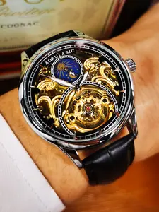 1pc Men's Fashion Luxury Skeleton Automatic Mechanical Watch, Moon Phase Display, Leather Strap, Luminous Hands, Business & Casual Vintage Wristwatch