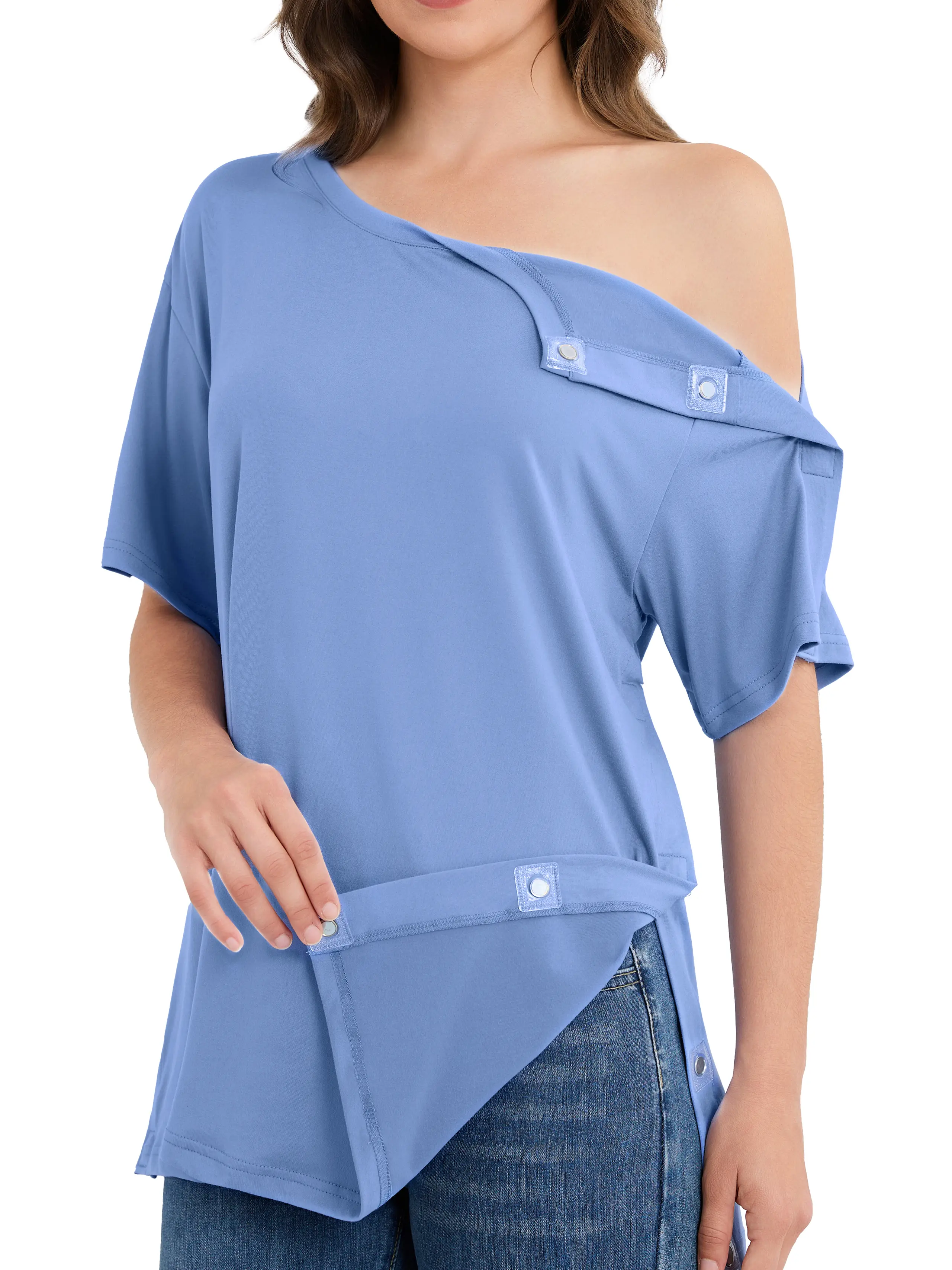 ECAVUS Women's Modest Sleeveless Top - Magnetic Buttons Post Shoulder Surgery Shirt, Tear Away Crew Neck, Full Open Side Adaptive Chemo Clothing