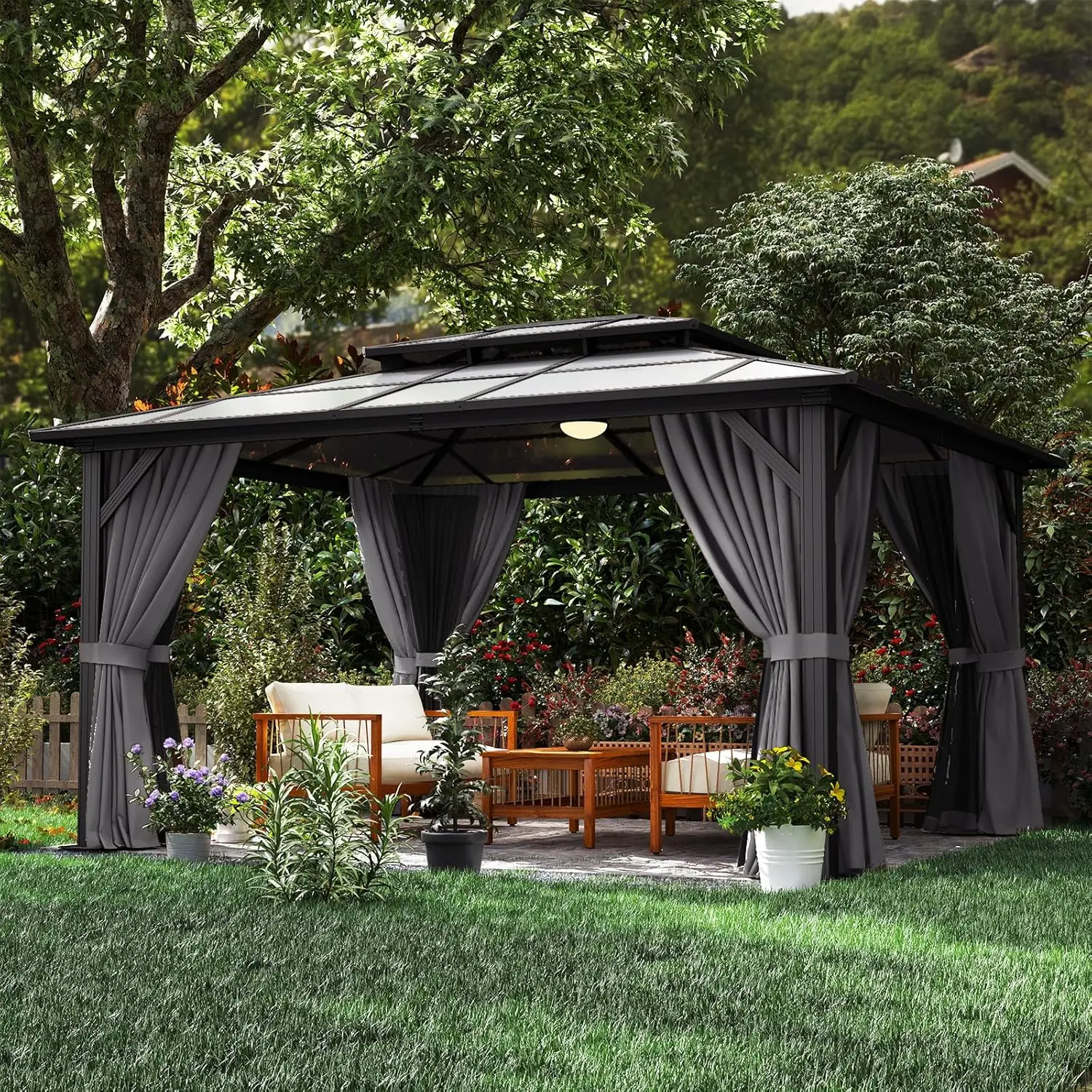 12’x14’ Hardtop Gazebo with Double Polycarbonate Roof Outdoor Metal Gazebo Sturdy Aluminum Frame & Removable Curtains, Netting Permanent Pavilion Pergola for Garden,Patio,Lawn