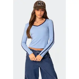 Contrast V Neck Long Sleeve T Shirt