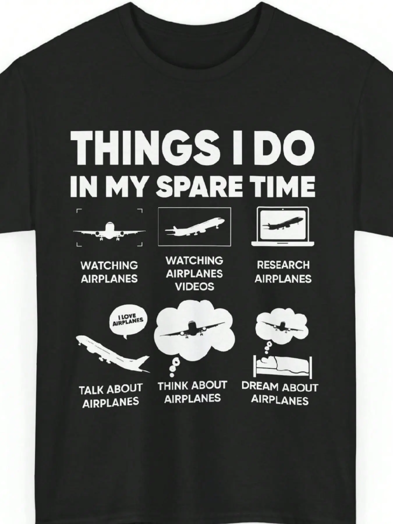 Unisex Minimalist Aviation Graphic T-Shirt, "Things I Do In My Spare Time" Print, Comfy Basic Short Sleeve Casual Loungewear Top For Aviation Enthusiasts Men Women, Cotton, Essential, Fabric