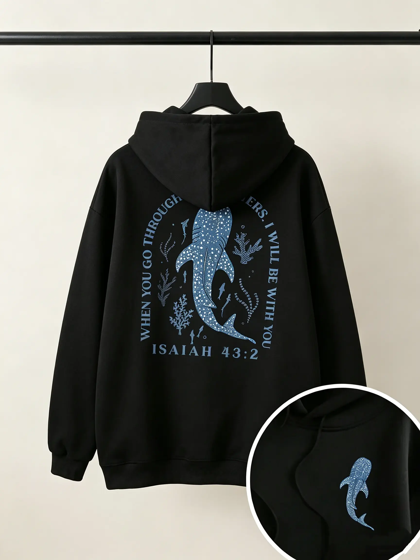 Two Sided Print Whale Shark Isaiah 43:2 Christian Hoodie, 270G Brushed Fleece Oversized Black Hooded Sweatshirt, Front Tiny Chest Whale Shark Mini Print & Back Circular Ocean Coral Bible Verse Graphic, Coastal Inspirational Faith Streetwear Pullover