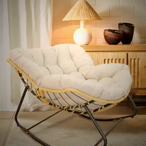 Bellemave]Outdoor Rocking Chair, Patio Egg Rocking Chair, Indoor Papasan Chair, Rattan Wicker Lounge Chair, Modern Royal Chair for Bedroom, Living Room, Porch, Garden,Lawn-Beige