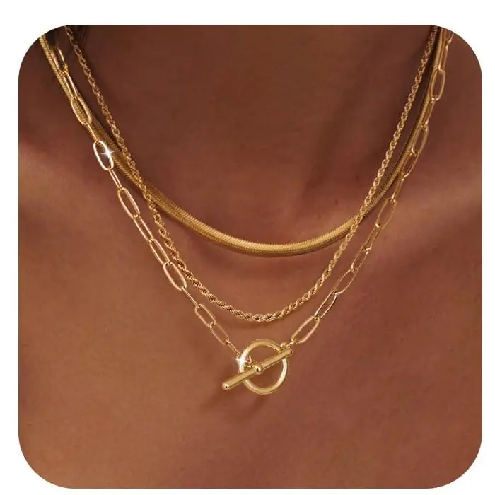 Loyalove 14K Gold Plated Layered Toggle Necklaces for Women: Dainty Gold Link Chain Necklaces Paperclip Cuban Rope Adjustable Choker T-Bar Toggle Clasp Chunky Necklace for Women Trendy Jewelry