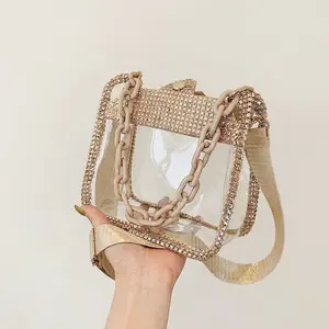 Clear Rhinestone Crossbody Bag for Women Transparent Shoulder Purse with Trendy Chain Strap Sparkling Bling Handbag for Concerts & Stadium Events