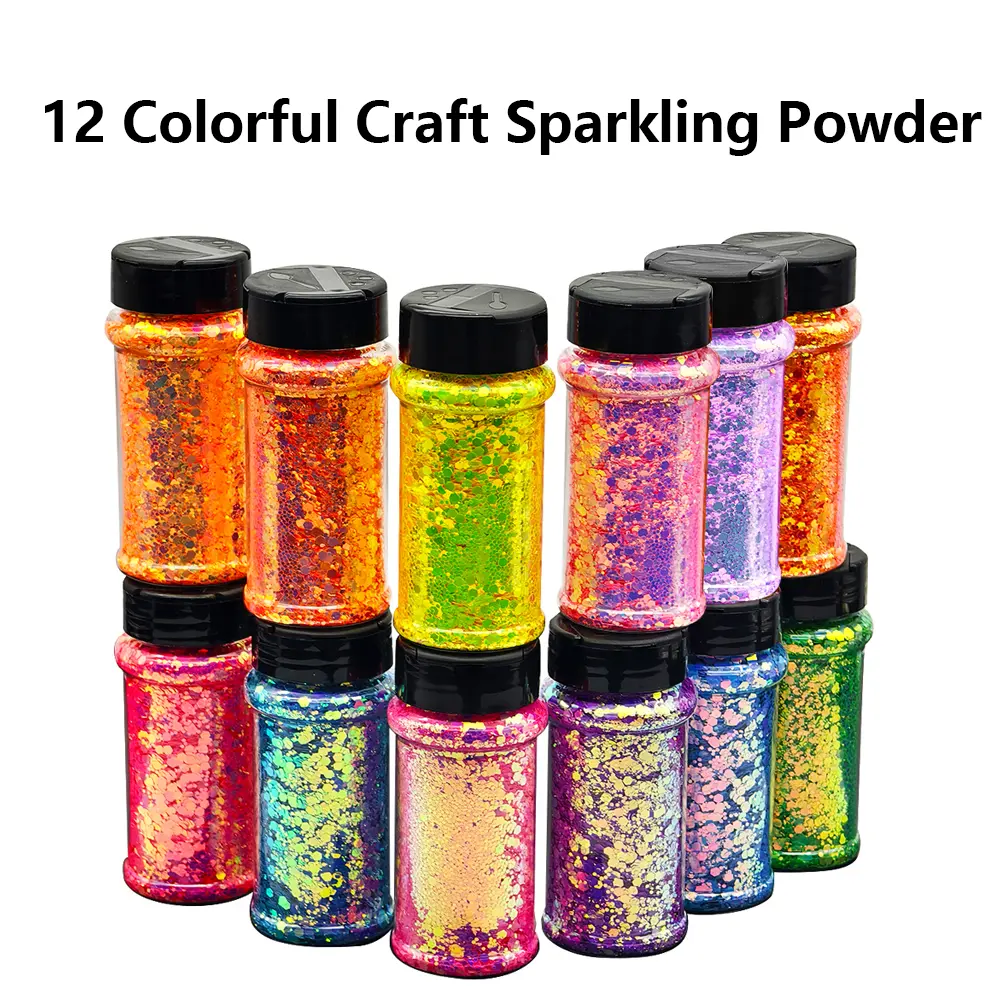Colorful Craft Sparkling Powder -2 oz Sparkling Powder Shake Cup Pack, Bright and Colorful Holographic Mixed Large Particle Body Sparkling Powder, Bulk Wholesale, 12 Color Shaking Cup Pack Cosmetics Sparkling Powder, Suitable for DIY Party Decoration
