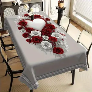 1 Romantic Rose Heart Tablecloth | Red and White Roses+heart-shaped Design, Creating A Sweet Dining Table, Rectangular Durable Polyester Fiber Fabric, Suitable for Indoor/outdoor Use All Season, Easy To Clean Decorative Dining Table Cover