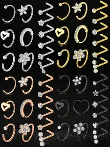 12Pcs 20G Nose Rings Hoop Studs Set, 316L Surgical Steel L-Shaped Nose Studs, CZ Heart Star Flower Nose Piercing Jewelry for Women Men, Hypoallergenic Nose Ring Kit
