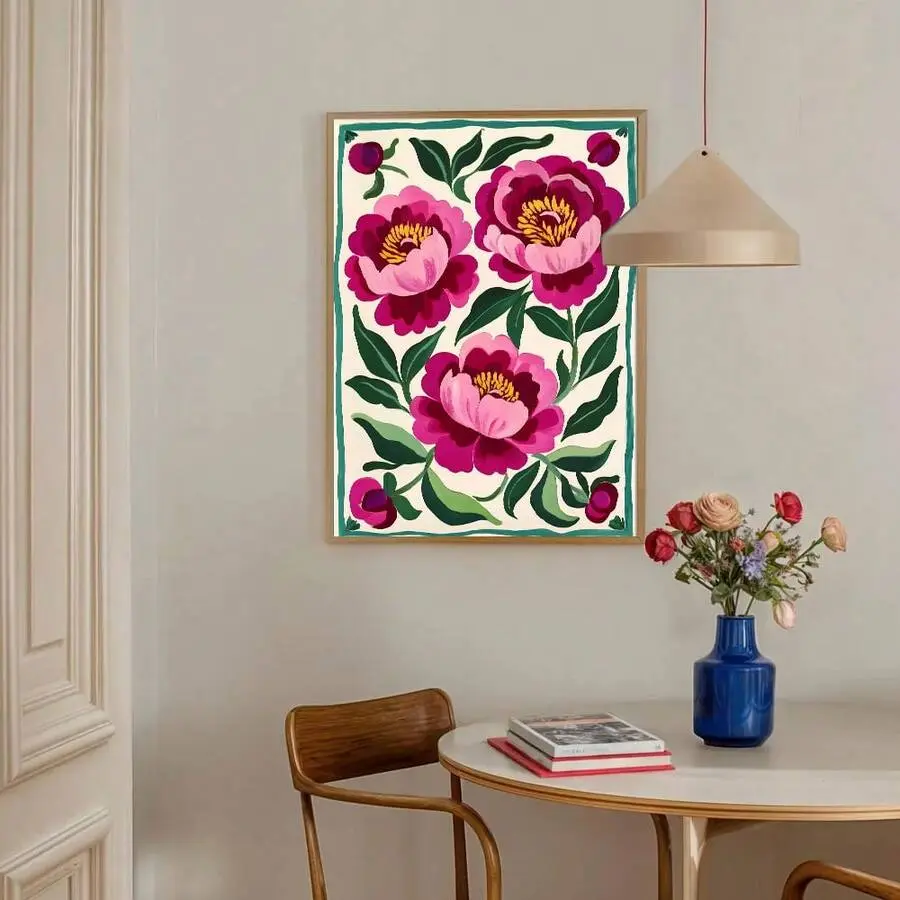 1pc Unframed Pink Peonies Flower Boho Wall Art Poster Canvas Print Minimalist Botanical Floral Abstract Vintage Painting For Dorm,Apartment,Living Room,Modern Home Decoration