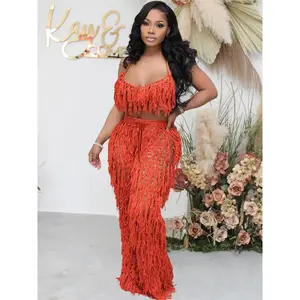summer spring clothes Sexy Crochet Tassel Two Piece Sets for Women Beach Wear Fishnet Halter Lace Up Crop Top and Pants Holiday Rave Festival Outfit