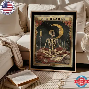 The Reader Tarot Poster, Skeleton Reader Tarot Card Wall Art, Book Lover Gift, Witchy Reading Nook Art, Bookish Witchy Library Decor (No Frame)