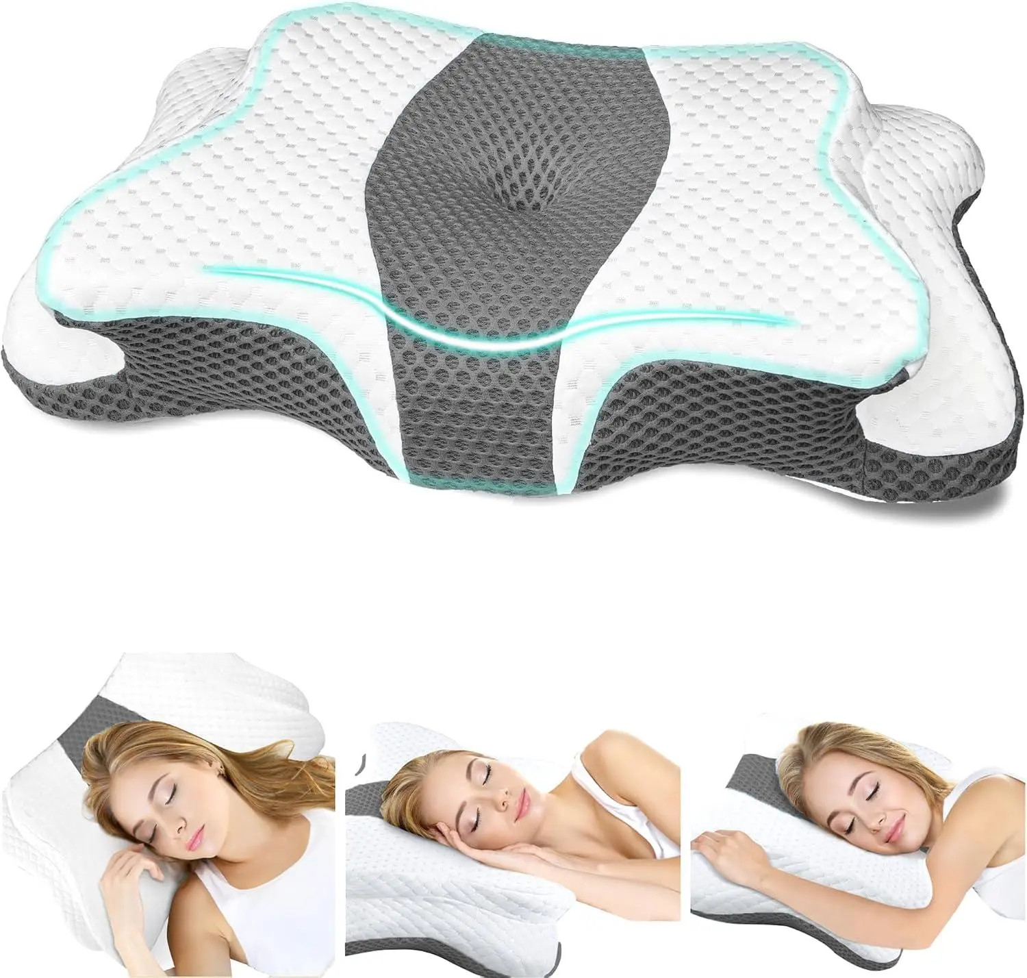 Chxxy Contoured Ergonomic Memory Foam Cervical Pillow - Neck Support Sleeping Aid for Neck & Shoulder Pain Relief, Queen Size Grey - for Side, Back Sleepers
