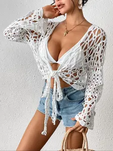 Women's Solid Color Cover Up, Boho Hollow Out Long Sleeve Cover Up for Beach Vacation, Ladies Summer Clothes, Swimwear Cover Up, Swimsuit Cover Up