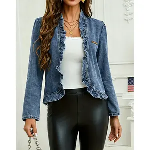 Women's Washed Blue Denim Jacket, A Ruffle Placket Cardigan Short Denim Top.It Has A Slim - Fitting And Figure - Flattering Silhouette, Featuring A Fashionable And Versatile Style, Suitable For Spring, Summer And Autumn Seasons.