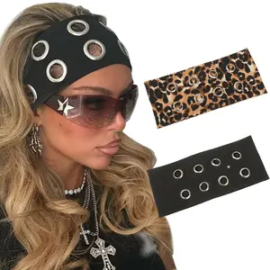 AWAYTR 2Pcs/Set Metal Eyelets Hollow Out Headband for Women Girls Harajuku Y2K Fashion Elastic Wide Hairbands Headwear Hair Accessories