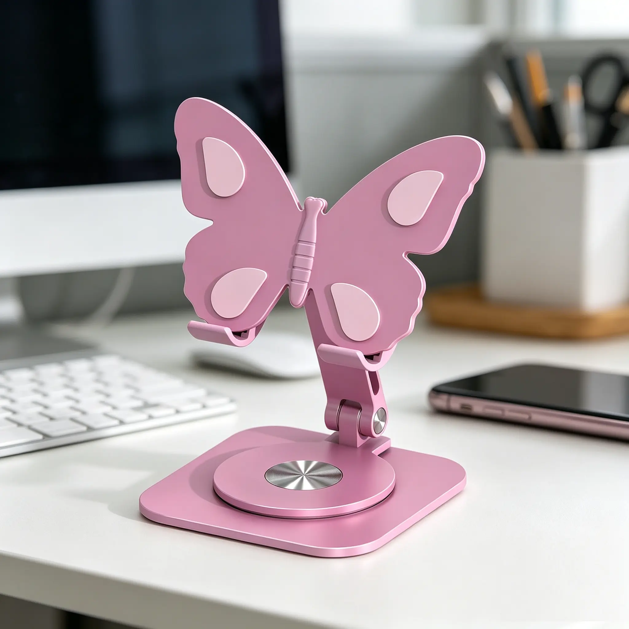 Butterfly-Style Aluminium Cell Phone Mount, Adjustable Anti-Slip Surface Silicone Holder, 360° Rotatable Foldable Lightweight Space-Saving Home Decor Accessory for Smartphones Tablets, Father's Day Gift, Cell Phone Mounts