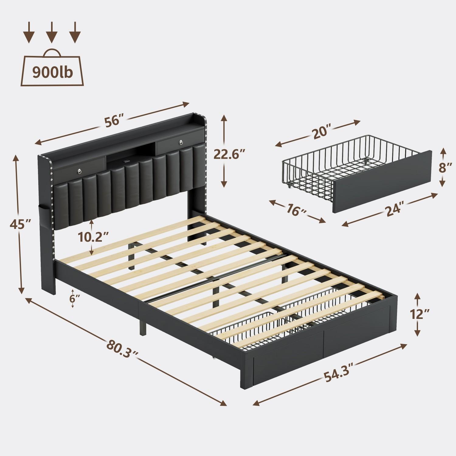 TryLazy Bed Frame with 4 Drawer and 2 USB & 1 Type-C Charging Ports, No Mattress, Upholstered Platform Bed Frame with Storage Headboard Bed Frame,No Box Spring Needed Required Easy Assembly,Full/Queen/King