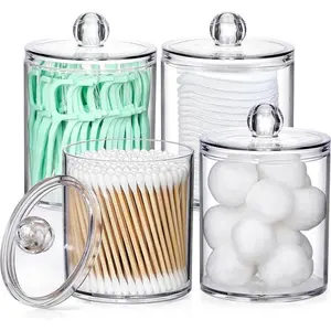 Clear Acrylic Qtip Holder Dispenser Set - 4 Pack with Lids, Pre-Printed Cotton Balls, Cotton Swabs, Cotton Pads & Floss Picks - Bathroom Essentials Accessories Bottles, Kitchen, Transparent, Vanity, Organiser, Tin, Canister.